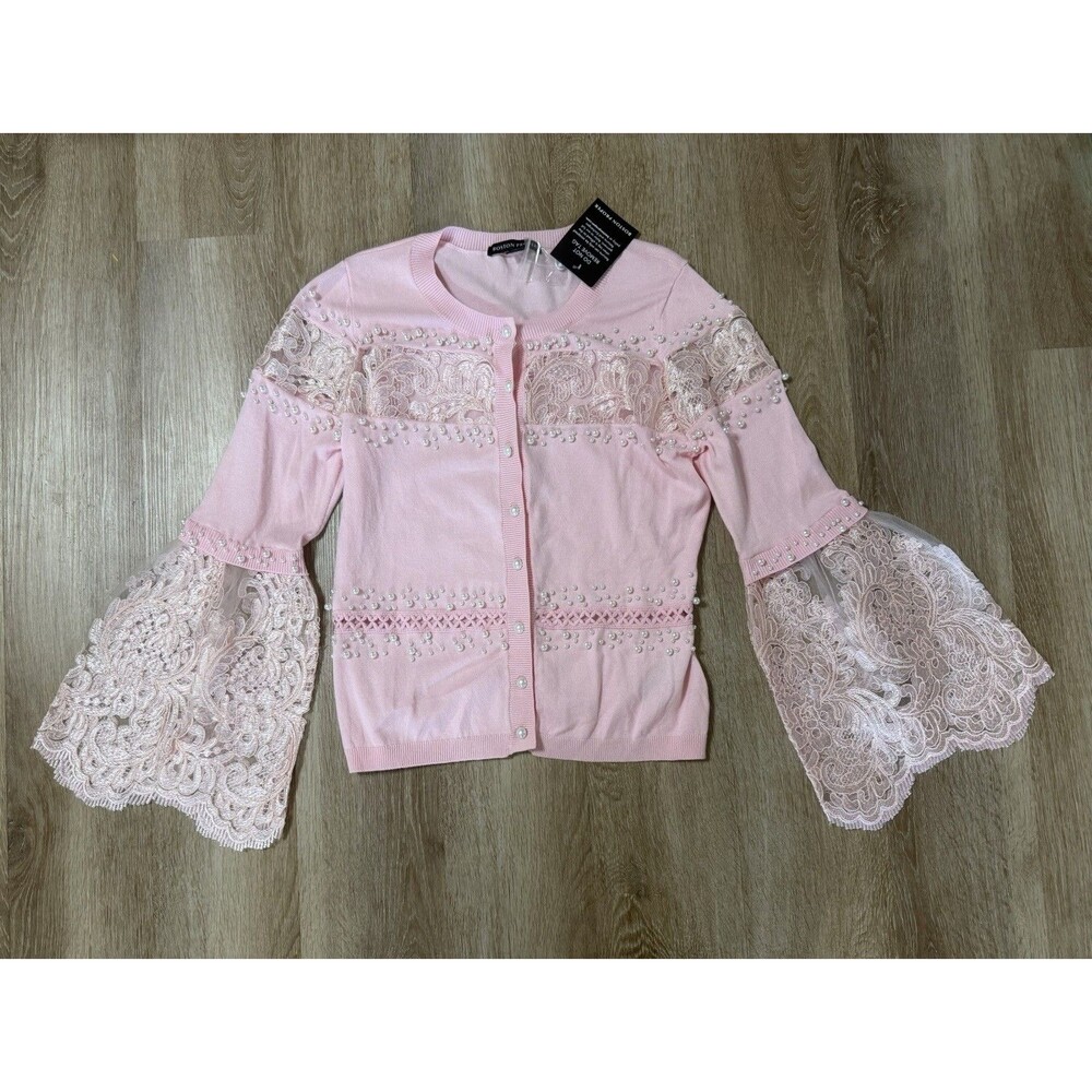 Boston Proper NWT Pink Lace Pearl Cardigan Sweater Belle Sleeve Girly Women’s S